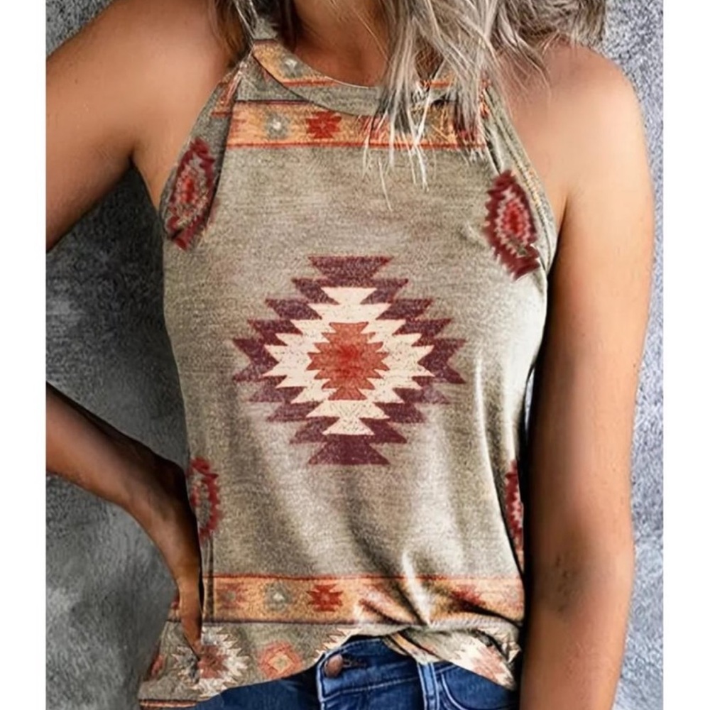 Gray & Rust Southwestern / Aztec / Tribal Boho Sleeveless Tank Top Shirt.